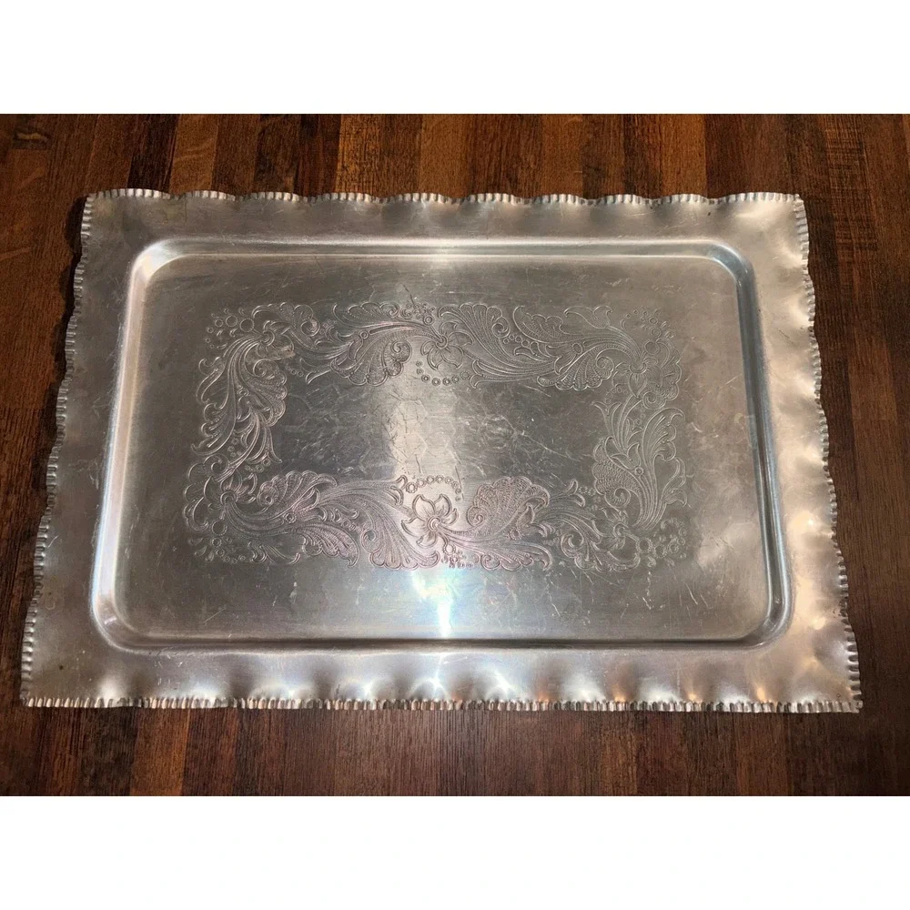 Admiration‎ Products Co Vintage Hammered Aluminum Serving Tray Floral Embossed